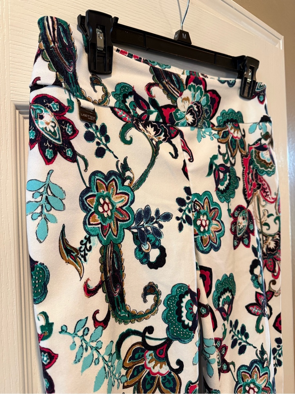 Floral Paisley Print Pants LISETTE L Montreal White w/ Teal, Navy & Pink Accents